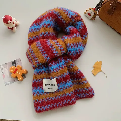 Bufanda de Punto Vintage Fair Isle Mujer Invierno Bloque de Color Mezcla de Lana Bufanda Cálida Gruesa Calentador de Cuello Chal