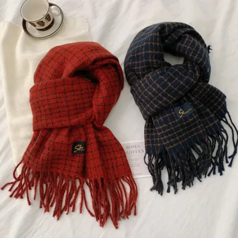 Bufanda de Cuadros Retro Efecto Cachemira para Mujer Hombre Gruesa Cálida Chal con Borlas Invierno Otoño Accesorio de Moda Bufanda Larga