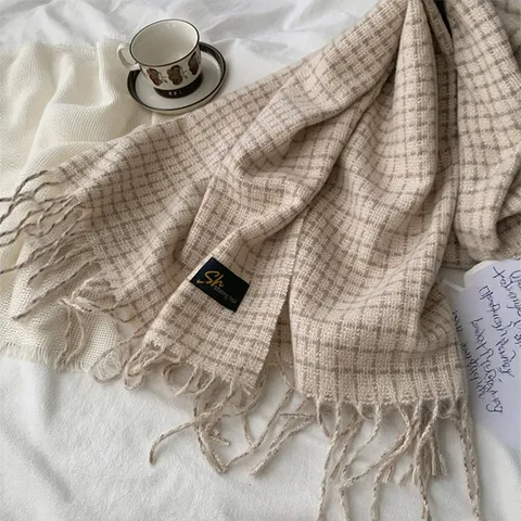Bufanda de Cuadros Retro Efecto Cachemira para Mujer Hombre Gruesa Cálida Chal con Borlas Invierno Otoño Accesorio de Moda Bufanda Larga