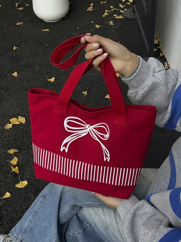 Γυναικεία Casual Τσάντα Tote από Καμβά Με Εκτύπωση Φιόγκου Και Ρίγες Μεγάλη Χωρητικότητα Απλή Τσάντα Ώμου Urban Ευέλικτη Τσάντα Ψωνισμάτων