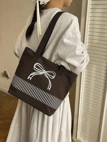 Γυναικεία Casual Τσάντα Tote από Καμβά Με Εκτύπωση Φιόγκου Και Ρίγες Μεγάλη Χωρητικότητα Απλή Τσάντα Ώμου Urban Ευέλικτη Τσάντα Ψωνισμάτων
