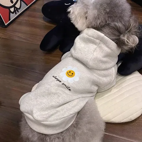Pet Dog Cat Hoodie Polyester Marl Gray Smiling Flower Letter Print Pullover Sweatshirt For Small Dogs Puppy Kitten Clothes