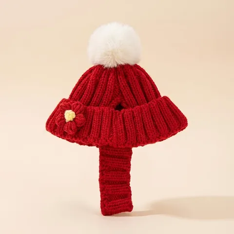 Knitted Pet Hat And Scarf Winter Warm Dog Cat Beanie With Pompom Flower Decor Soft Acrylic Crochet Headwear For Small Medium Pets