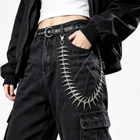 Catena per Pantaloni Punk Gothic con Punte Donna Uomo Lega Argento Lisca di Pesce Cintura Hip Hop Streetwear Y2K Gioielli