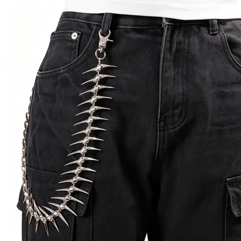 Catena per Pantaloni Punk Gothic con Punte Donna Uomo Lega Argento Lisca di Pesce Cintura Hip Hop Streetwear Y2K Gioielli