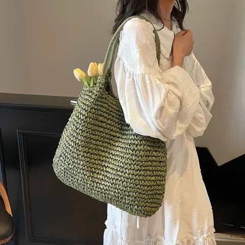 Large Capacity PVC Woven Tote Bag For Women Casual Beach Vacation Shoulder Bag Multi-functional Summer Travel Handbag Daily Use Fashion Bag