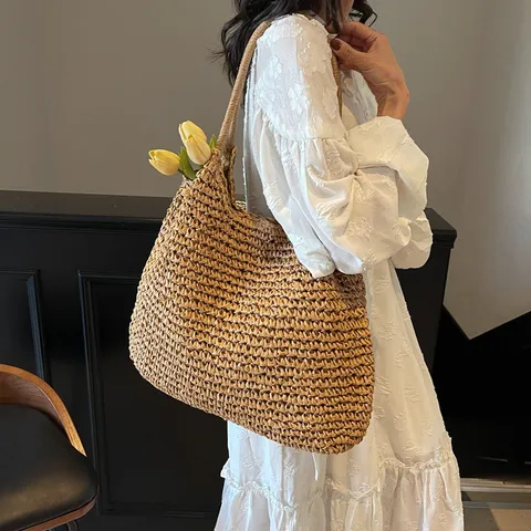 Large Capacity PVC Woven Tote Bag For Women Casual Beach Vacation Shoulder Bag Multi-functional Summer Travel Handbag Daily Use Fashion Bag