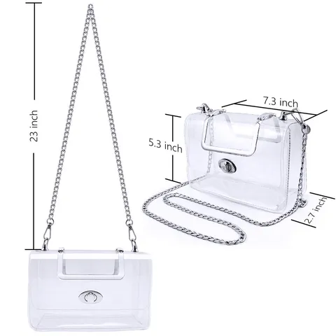 Women Transparent Clear PVC Crossbody Bag Detachable Chain Strap Metal Handle Small Square Handbag Purse For Daily Party