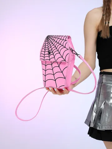 Halloween Doodskist Vorm Telefoontasje Spinnenweb Print PU Leer Kleine Vierkante Crossbody Tas Voor Vrouwen Trendy Gothische Schoudertas