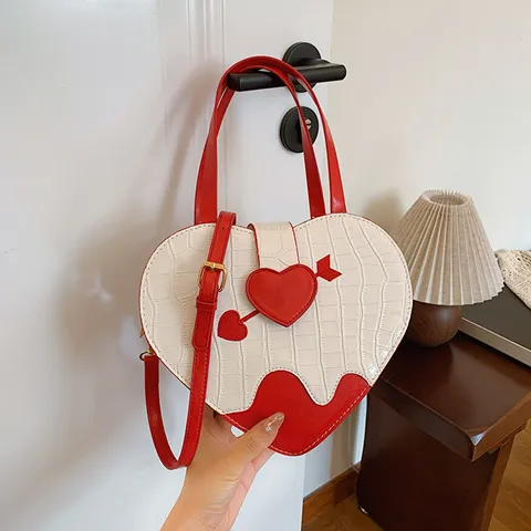 Women's Vintage Heart Shaped Crossbody Bag Fashion Crocodile Pattern PU Leather Handbag With Cupid Arrow Design Contrast Color Shoulder Bag