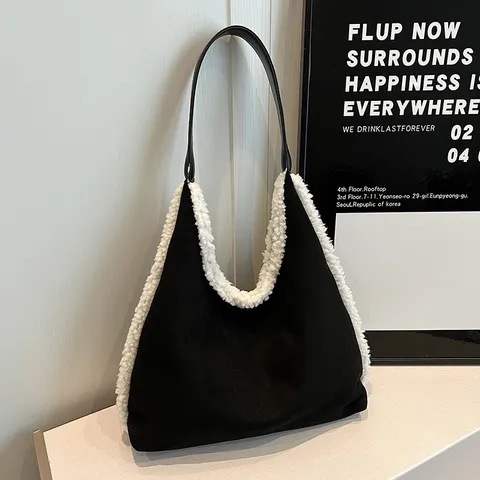 Retro Frosted PVC Tote Bag For Women Large Capacity Autumn Winter Plush Trim Shoulder Bag Suede Style Commuter Handbag Fashion