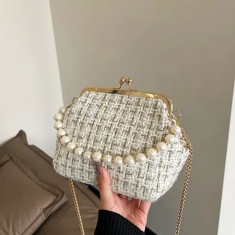 Elegante Dames Tweed Gebreide Crossbody Tas Parel Handvat Keten Schoudertas Retro Kuss-Slot Schelptas Mode Handtas