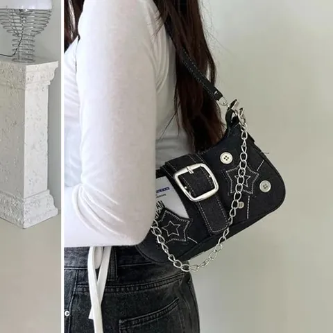 Y2K Ster Denim Halve Maan Onderarmtas Spicy Girl Mode Niche Ontwerp Canvas Metalen Ketting Handtas Voor Vrouwen Niche Schoudertas