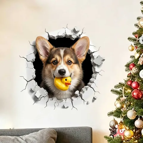 3D Realistic Corgi Wall Sticker Removable PVC Self Adhesive Wall Decal Funny Dog With Yellow Duck Through Wall Poster For Home Bedroom Decor