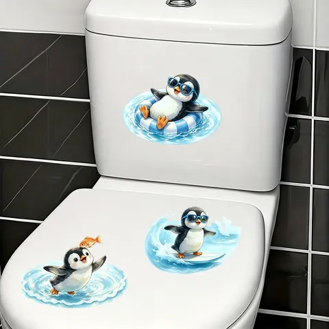 Sticker pour Siège de Toilette Pingouin de Noël Imperméable en PVC Décoration de Fête de Vacances Autocollant Mural Auto-adhésif