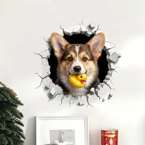 3D Realistic Corgi Wall Sticker Removable PVC Self Adhesive Wall Decal Funny Dog With Yellow Duck Through Wall Poster For Home Bedroom Decor