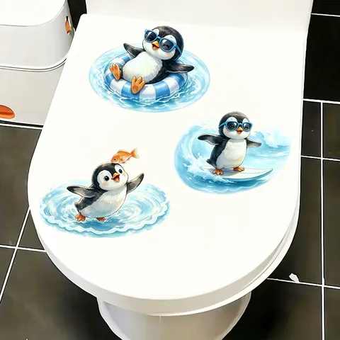 Sticker pour Siège de Toilette Pingouin de Noël Imperméable en PVC Décoration de Fête de Vacances Autocollant Mural Auto-adhésif
