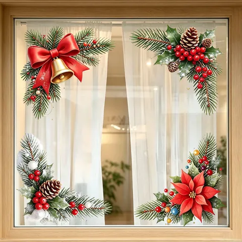 Christmas Corner Wreath Static Window Stickers PVC Holiday Atmosphere Decoration For Glass Window Living Room Home Decor