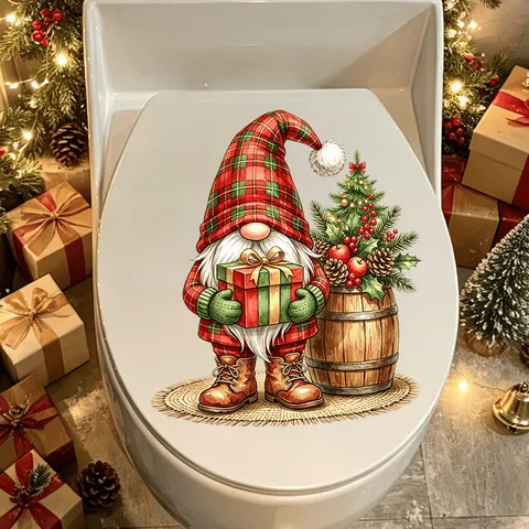 Sticker de Couvercle de Toilettes Gnome de Noël Plaid Amovible PVC Décoration pour Salle de Bain Maison Fête Cartoon Gnome