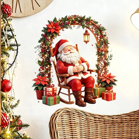 Christmas Santa Claus Rocking Chair Wall Decal PVC Self-Adhesive Removable Wall Sticker For Bedroom Living Room Xmas Decor