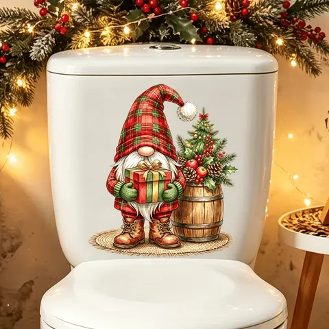 Sticker de Couvercle de Toilettes Gnome de Noël Plaid Amovible PVC Décoration pour Salle de Bain Maison Fête Cartoon Gnome