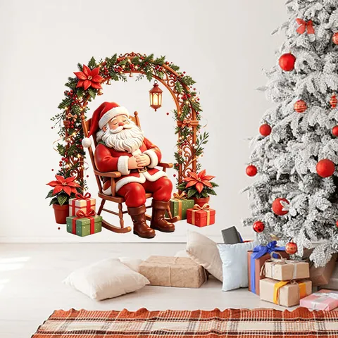 Christmas Santa Claus Rocking Chair Wall Decal PVC Self-Adhesive Removable Wall Sticker For Bedroom Living Room Xmas Decor