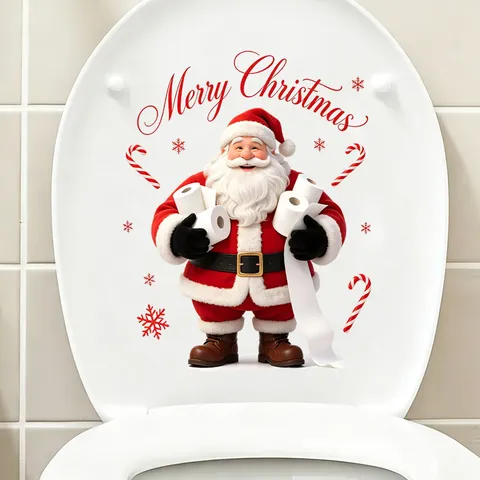 Sticker Père Noël Drôle Avec Papier Toilette pour Abattant WC en PVC Amovible Décoration de Noël pour Salle de Bain