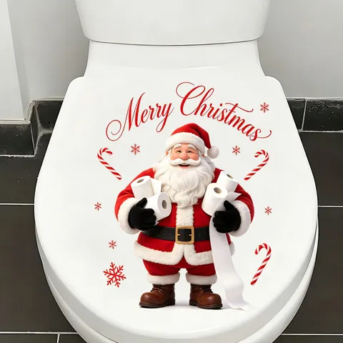 Sticker Père Noël Drôle Avec Papier Toilette pour Abattant WC en PVC Amovible Décoration de Noël pour Salle de Bain