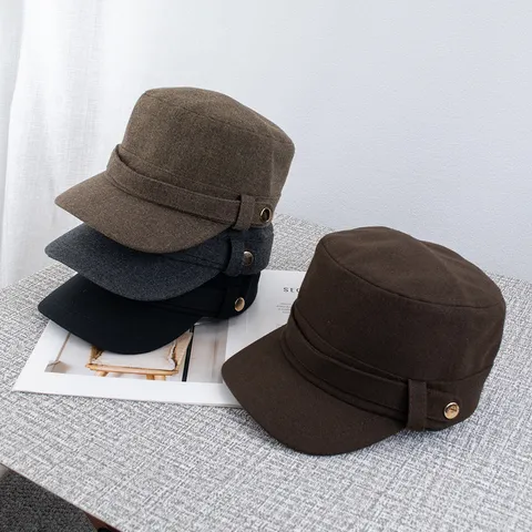 Retro Woolen Flat Top Military Cap For Women Solid Color Newsboy Hat Baker Boy Cap Vintage Autumn Winter Warm Equestrian Hat Accessory
