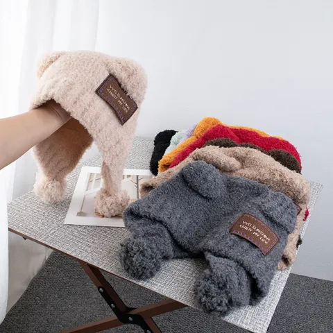 Cute Bear Ear Plush Knitted Hat For Women Winter Warm Ear Protection Pom Pom Pullover Hat Japanese Style Beanie Soft Headwear
