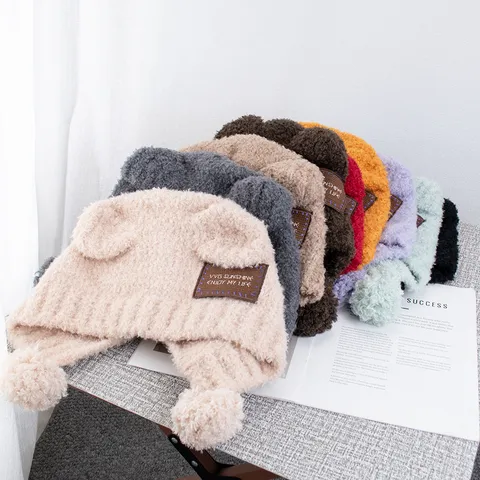 Cute Bear Ear Plush Knitted Hat For Women Winter Warm Ear Protection Pom Pom Pullover Hat Japanese Style Beanie Soft Headwear