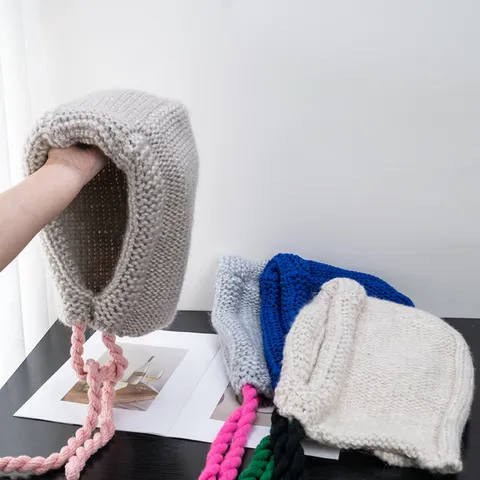 Pasamontañas de Punto Cálido de Invierno para Adultos Protección de Oídos Hilo de Lana Grueso Punto de Ocho Gorro