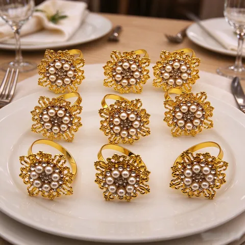 Hollow Floral Alloy Artificial Pearl Napkin Rings Rhinestone Inlaid Napkin Buckle For Wedding Banquet Party Table Decoration Hotel Electroplated Metal Napkin Rings