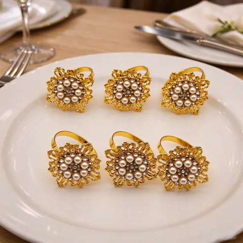 Hollow Floral Alloy Artificial Pearl Napkin Rings Rhinestone Inlaid Napkin Buckle For Wedding Banquet Party Table Decoration Hotel Electroplated Metal Napkin Rings