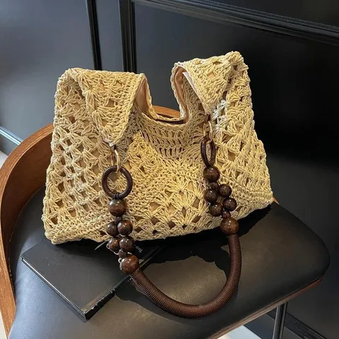 Women Summer Straw Woven Bag Hollow Out Beach Shoulder Bag With Wood Bead Handle Vacation Style Handbag Daily Tote Bag