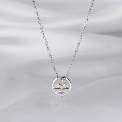 Minimalist Bicolor Moon Pendant Necklace For Women Copper Rhinestone Rising Moon Clavicle Chain Elegant Fashion Jewelry Gift