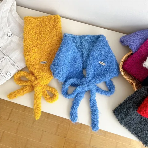 Women Winter Solid Color Knitted Plush Scarf Thickened Warm Bow Tie Neck Warmer Korean Fashion Soft Polyester Scarf
