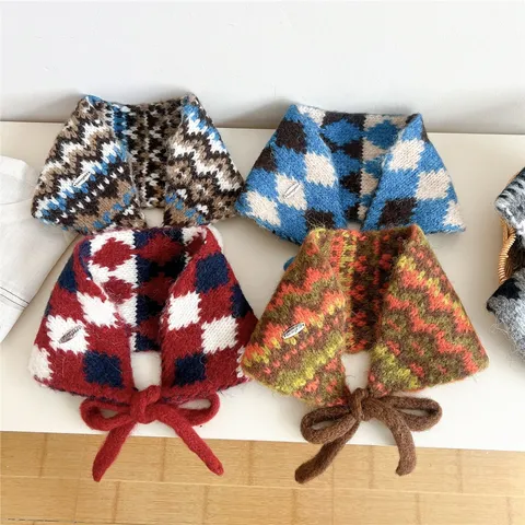 Womens Knit Argyle Plaid Neck Warmer Scarf Autumn Winter Thick Warm Korean Style Knitted Scarf Soft Neck Guard Accessory