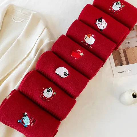 Pure Wool Knitted Scarf With Cute Cartoon Sheep 3D Embroidery Warm Winter Red Shawl For Women Men Versatile Thick Scarf