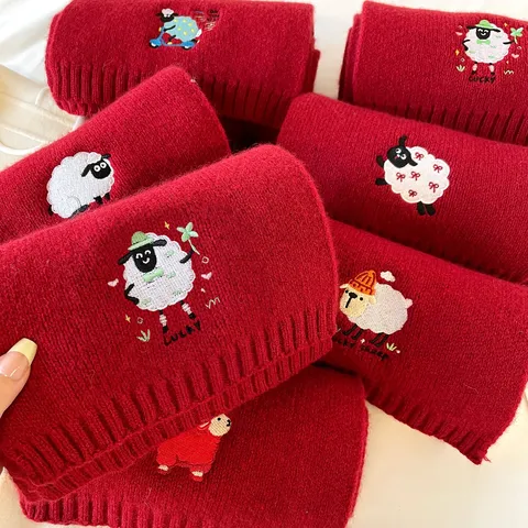 Pure Wool Knitted Scarf With Cute Cartoon Sheep 3D Embroidery Warm Winter Red Shawl For Women Men Versatile Thick Scarf