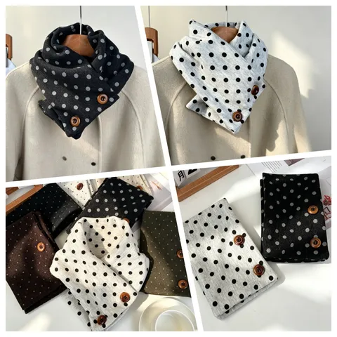 Women's Japanese Retro Polka Dot Triangle Button Scarf Neck Warmer Down Cotton Printed Winter Warm Snood Versatile Neck Protector