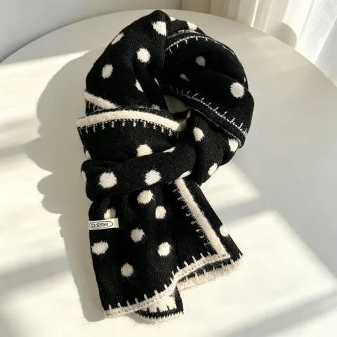 Retro Polka Dot Wool Blend Knitted Scarf For Women Autumn Winter Warm Soft Wrap Fashion Korean Style Students Gift Scarf