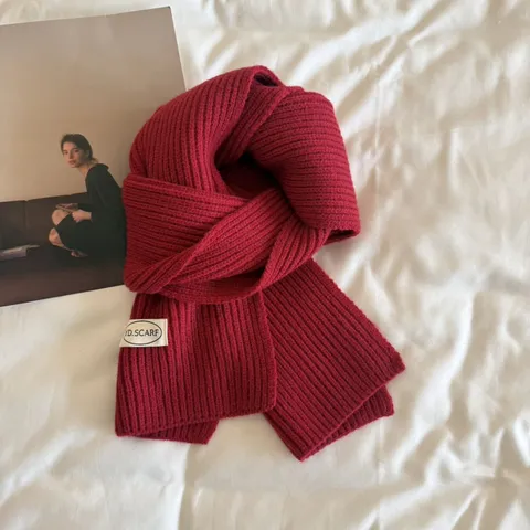 Women Men Knitted Scarf Winter Warm Solid Color Korean Style Minimalist Polyester Soft Neck Warmer Ribbed Knit Long Muffler