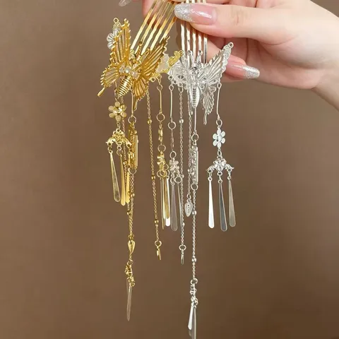 Vintage Chinese Style Butterfly Tassel Hair Comb Exquisite Alloy Gold Silver Plated Dangling Hair Pin Hanfu Xiuhe Wedding Hair Accessories For Women