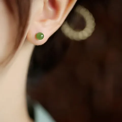 Vintage Copper Nephrite Jade Stud Earrings For Women Small Retro Green Bead Earrings Round Geometric Jewelry Gift For Daily Wear