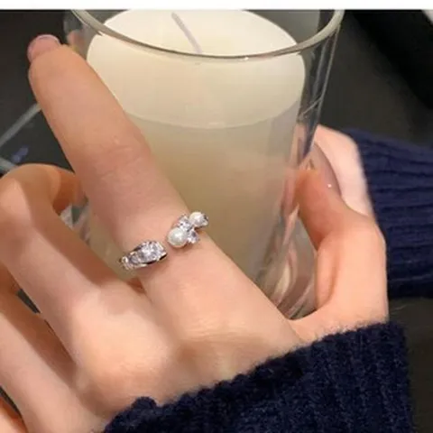 Mode Süß Kupfer Künstliche Perle Strass Offener Ring Für Damen Einfach Verstellbar Zeigefinger Schmuck Minimalistisch Stapelbar Ring