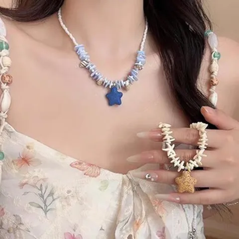 Koreanischer Seestern Anhänger Perlenkette Für Damen Elegant Edelstahl Kupfer Gliederkette Künstliche Perle Strand Schmuck Geschenk