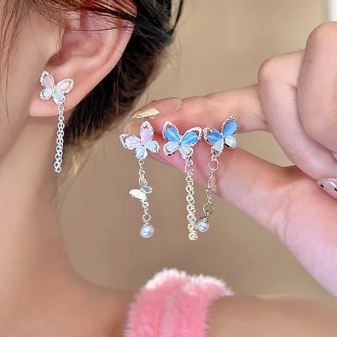 Asymmetrische Schmetterlings-Ohrhänger Katzenaugenstein 925 Sterling Silber Ohrstecker-Stift Kunstperle Quaste Schmuck