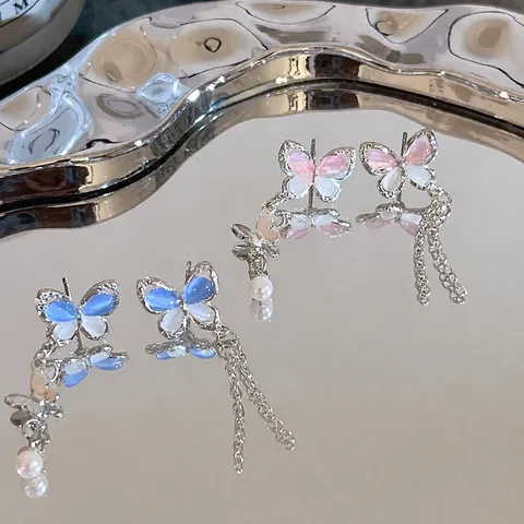 Asymmetrische Schmetterlings-Ohrhänger Katzenaugenstein 925 Sterling Silber Ohrstecker-Stift Kunstperle Quaste Schmuck