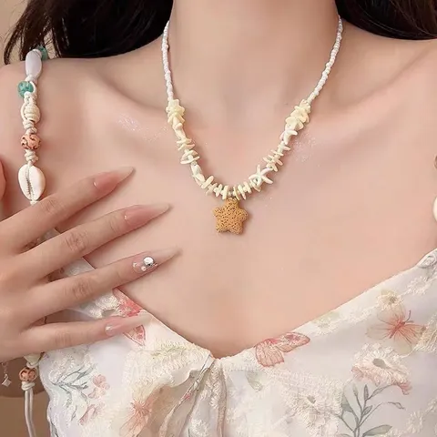 Koreanischer Seestern Anhänger Perlenkette Für Damen Elegant Edelstahl Kupfer Gliederkette Künstliche Perle Strand Schmuck Geschenk